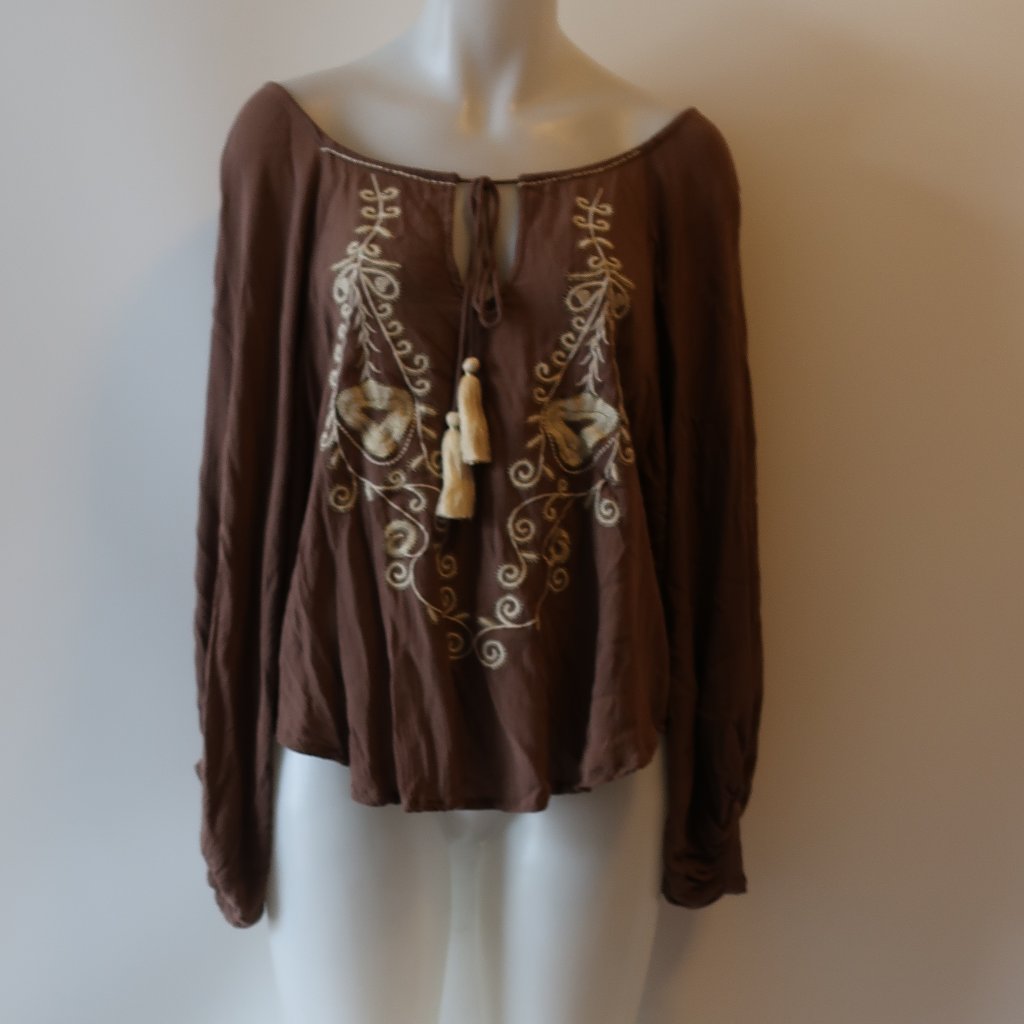 Nwt Tina Demel Brown Embroidered Blouse Top M
